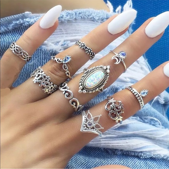 Jewelry - 10 Pcs/Set Boho Antique Silver Crystal Rings